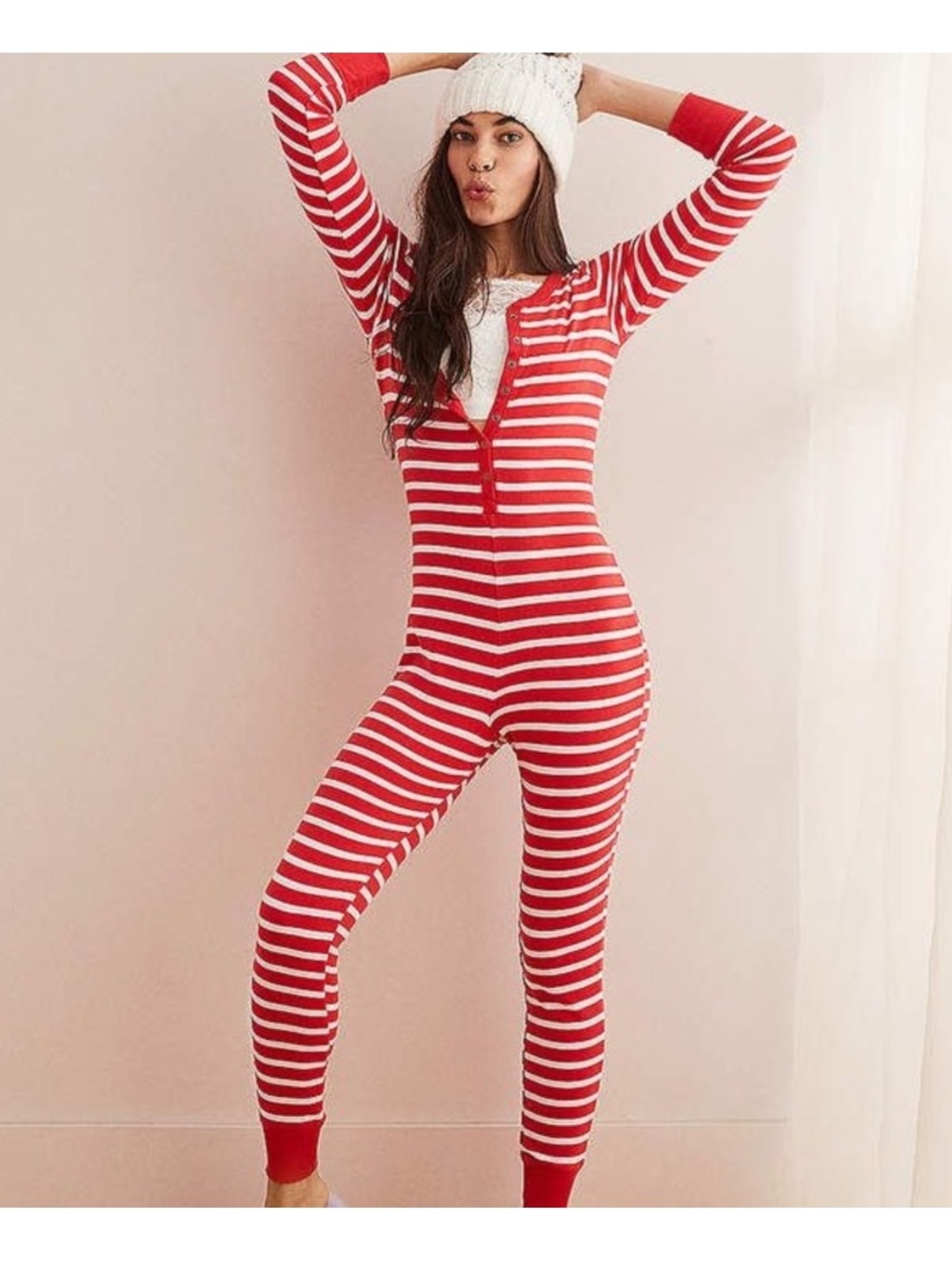 American Eagle Aerie Outfitters Red & White Striped Thermal Onesie Romper Medium